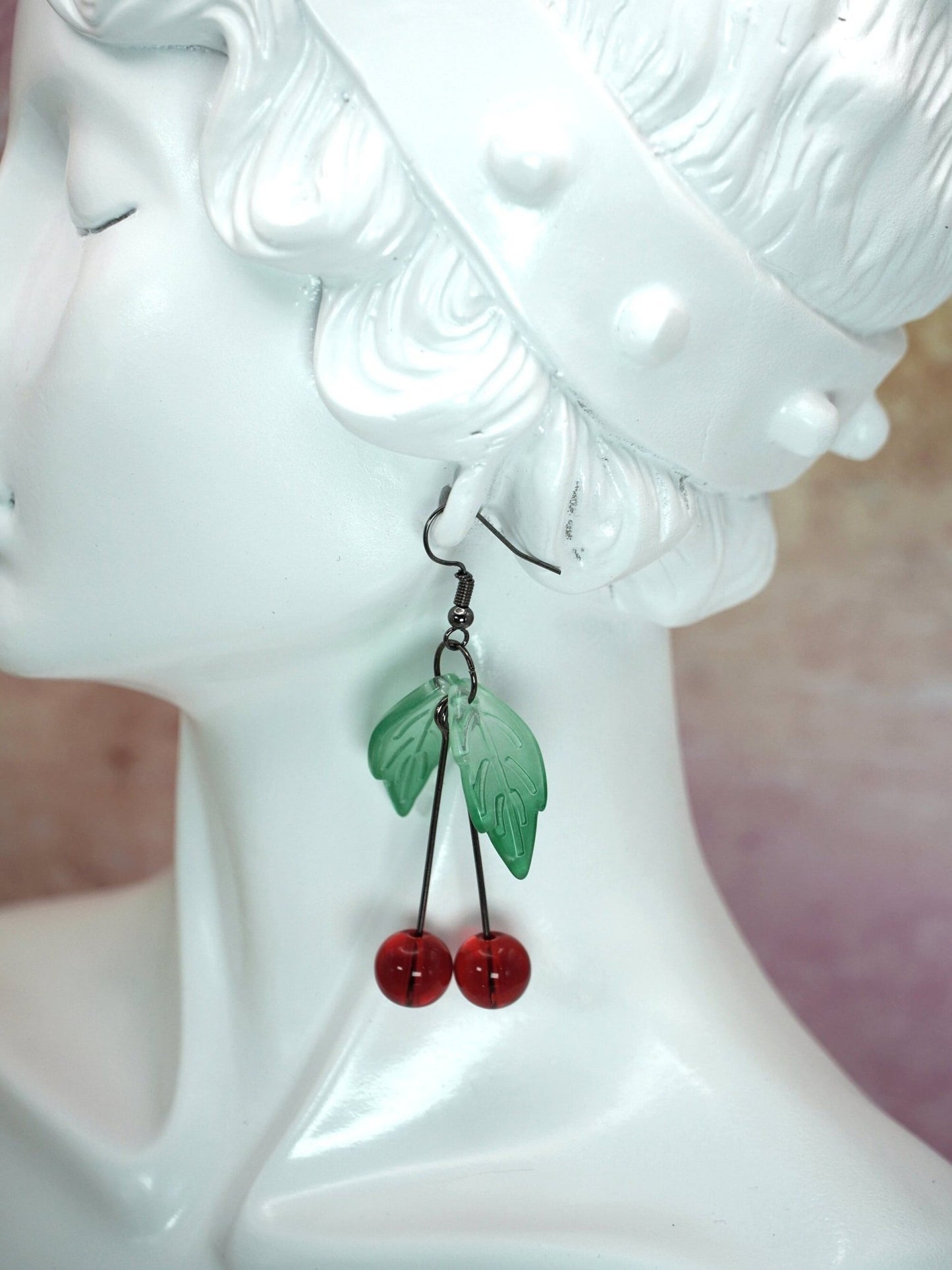 Glass Cherry Earrings, Cottagecore Cute Cherry Earrings, Double Cherry Earrings, Fruit Summer Fashion Earrings, Kawaii Fruit Earrings, y2k - Dekowaii Jewelry Company