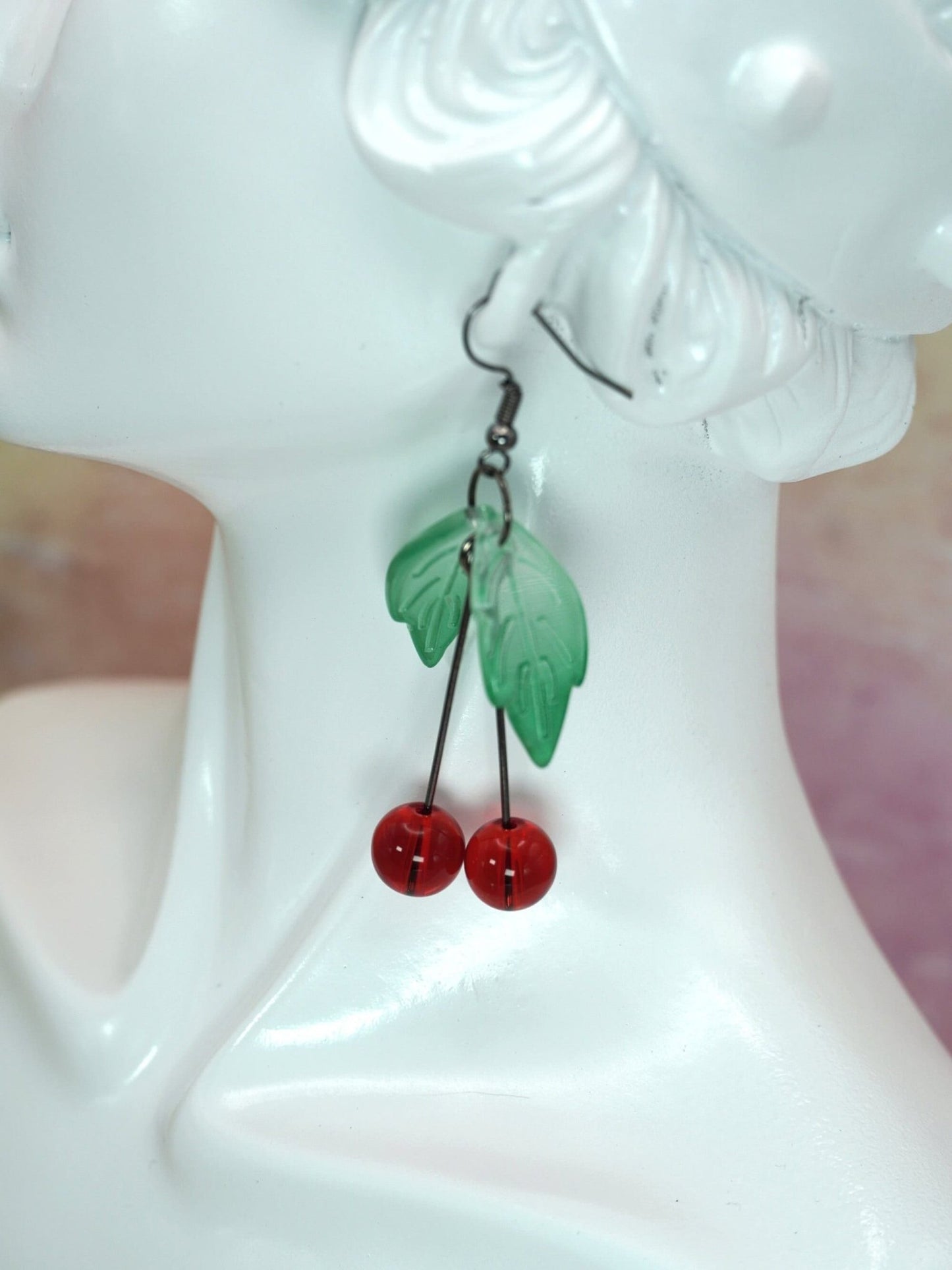 Glass Cherry Earrings, Cottagecore Cute Cherry Earrings, Double Cherry Earrings, Fruit Summer Fashion Earrings, Kawaii Fruit Earrings, y2k - Dekowaii Jewelry Company