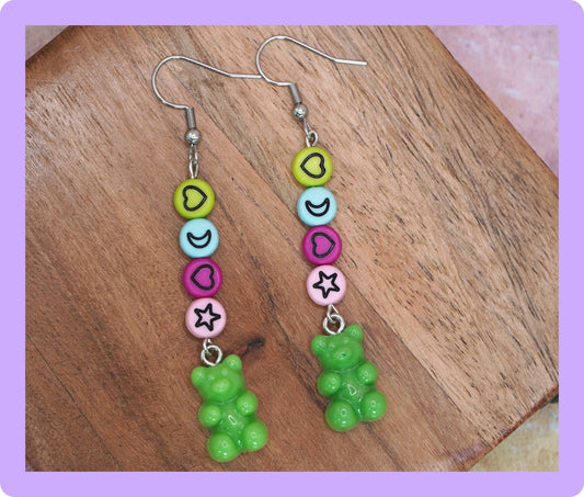 Green Gummy Bear Earrings with Celestial Beads and Mystery Blind Bag Pair of Earrings - Dekowaii Jewelry Company