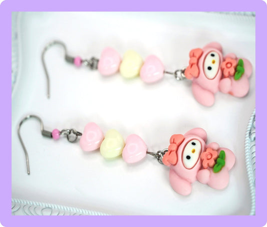 Kawaii Bunny Pastel Heart Drop Earrings with Pink and White Hearts and Pink Accented Stainless Steel Earring Hooks, Harajuku Japan Earrings - Dekowaii Jewelry Company