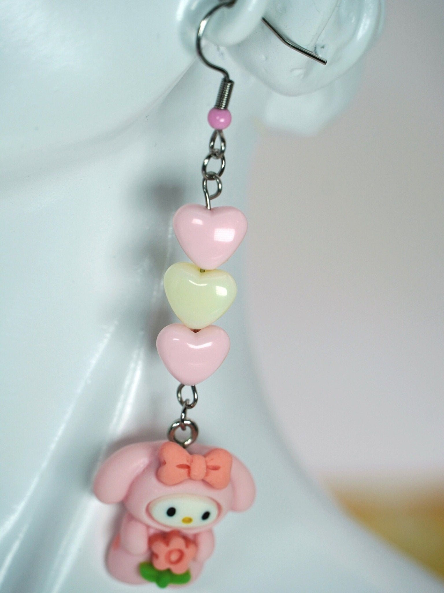 Kawaii Bunny Pastel Heart Drop Earrings with Pink and White Hearts and Pink Accented Stainless Steel Earring Hooks, Harajuku Japan Earrings - Dekowaii Jewelry Company