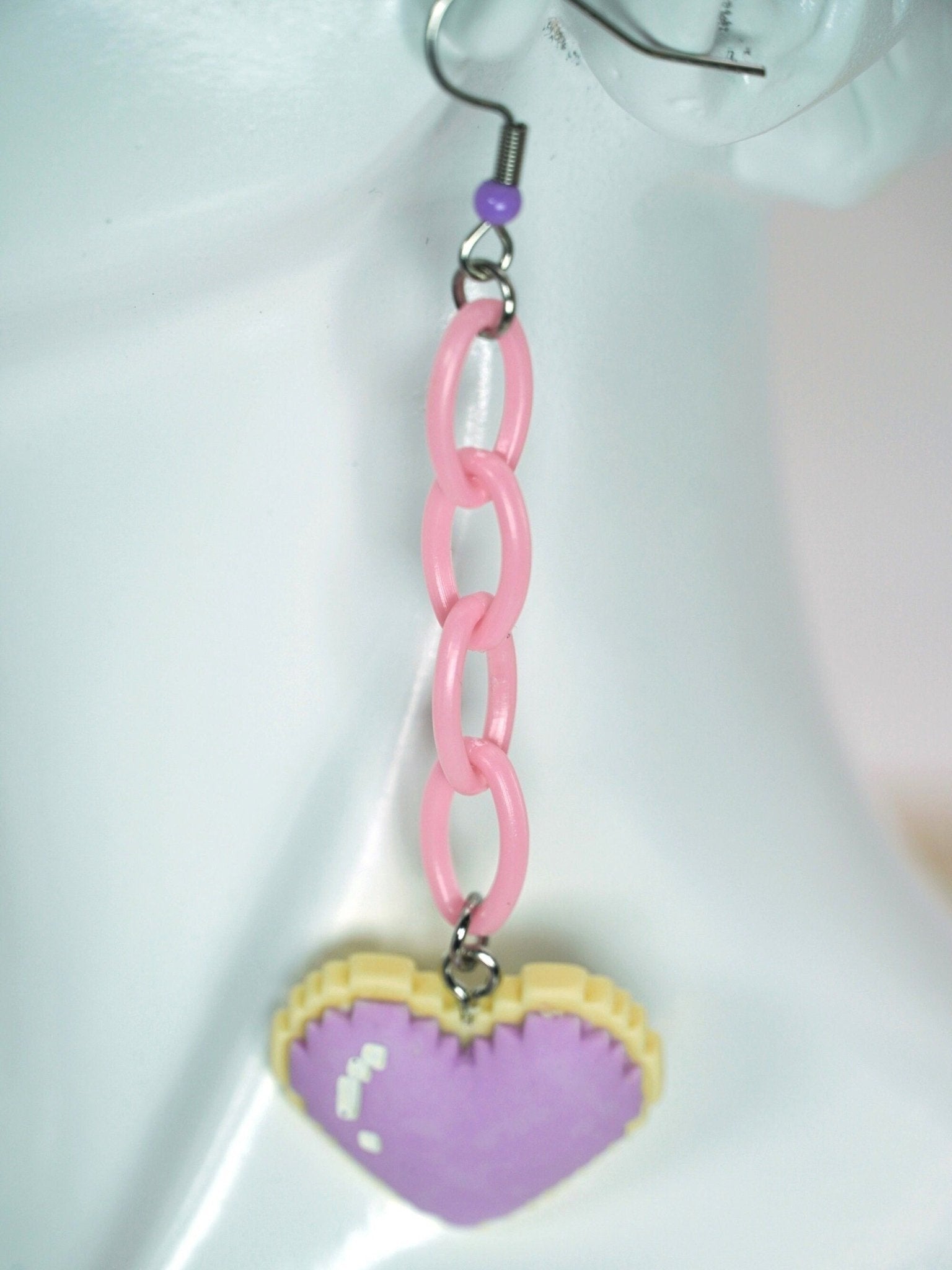 Kawaii Lavender Pixel Cookie Heart Earrings, Handmade Long Dangle Drop Earrings - Dekowaii Jewelry Company