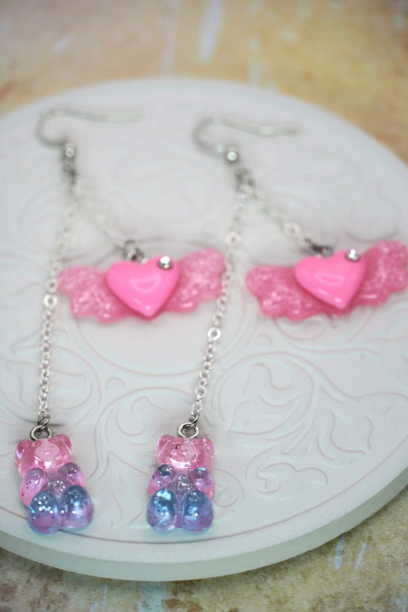 Magic Girl Japan Earrings, Winged Heart Gummy Bear Earrings, Kawaii Harajuku Fashion Earrings, Decora Kei Dangle Earrings - Dekowaii Jewelry Company