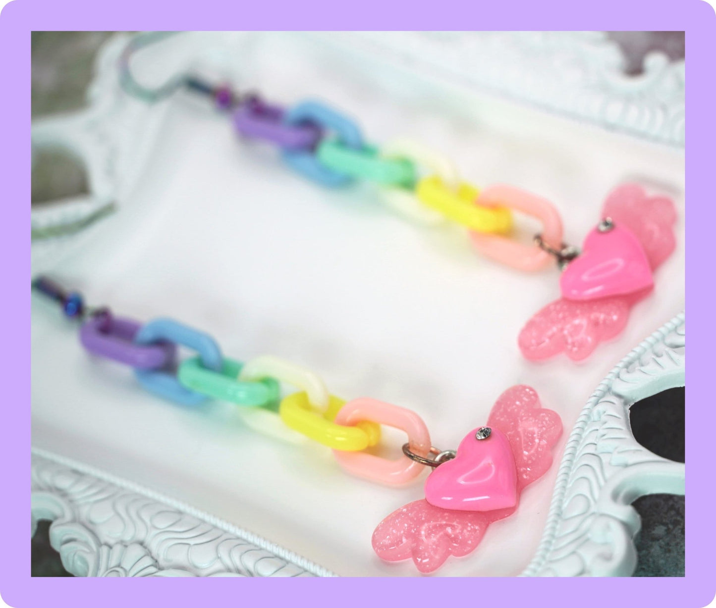 Magic Girl Japan Inspired Earrings with Pastel Rainbow Chains, y2k Harajuku Earrings, Pastel Decora Kei Earrings, Kawaii Pink Heart Wings - Dekowaii Jewelry Company