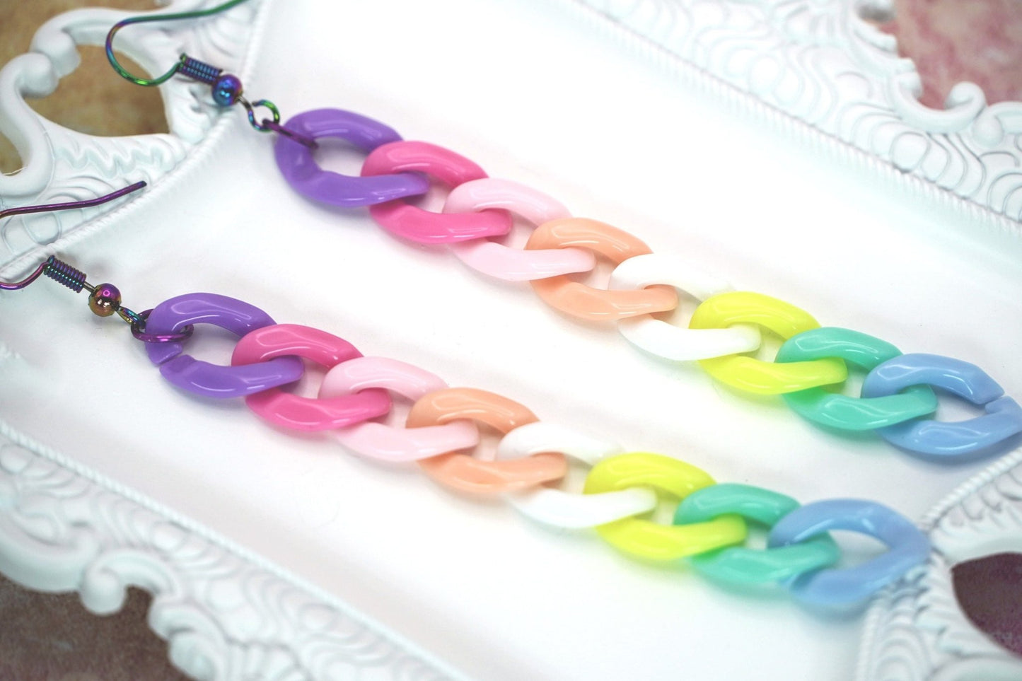 Pastel Rainbow Acrylic Chain Earrings, Chain Link Acrylic Earrings with Rainbow Hooks, Long Drop LGBTQ Earrings, LGBTQ Pride Earrings - Dekowaii Jewelry Company