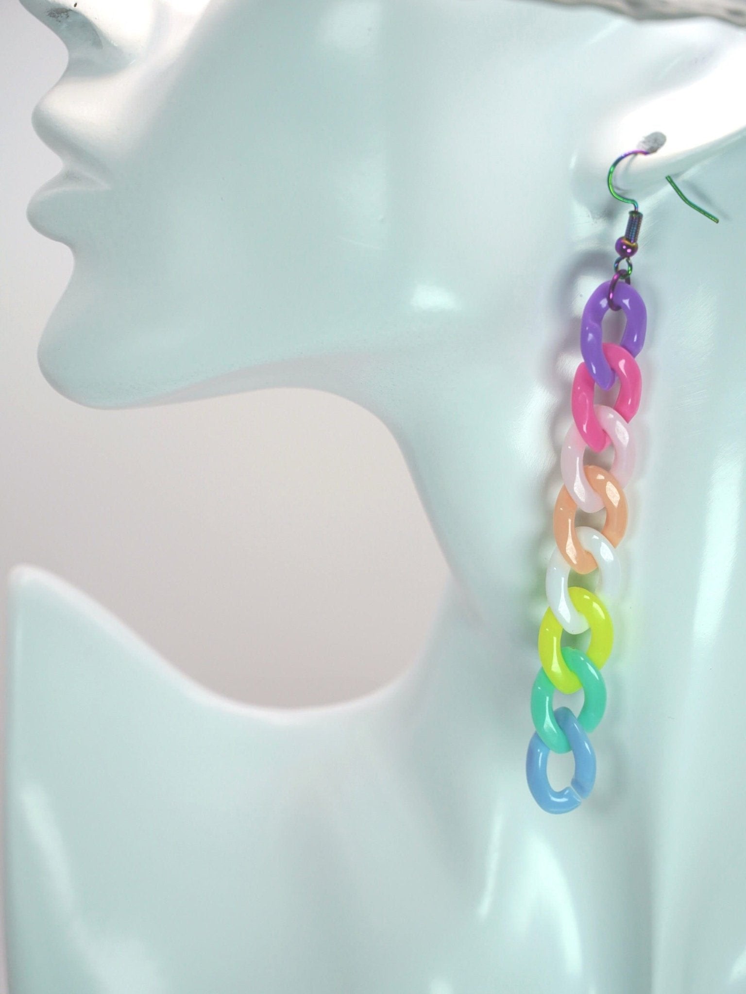 Pastel Rainbow Acrylic Chain Earrings, Chain Link Acrylic Earrings with Rainbow Hooks, Long Drop LGBTQ Earrings, LGBTQ Pride Earrings - Dekowaii Jewelry Company