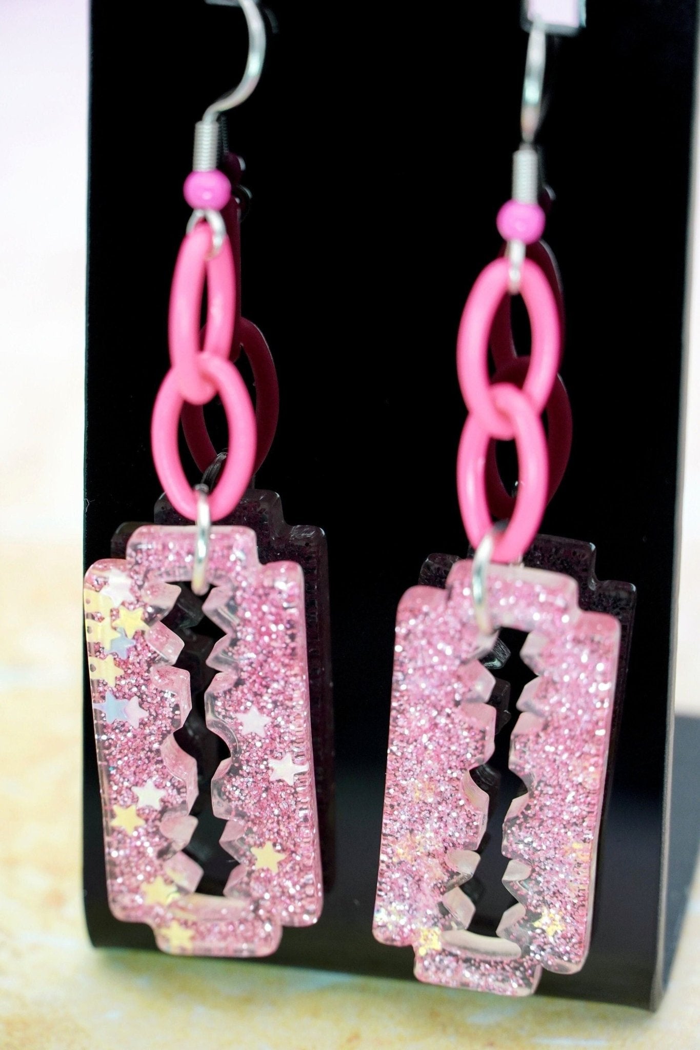 Pink Sparkly Razorblade Earrings with Acrylic Pink Chains and Pink Accented Stainless Steel Earring Hooks, YamiKawaii/Menehara Kei Fashion - Dekowaii Jewelry Company