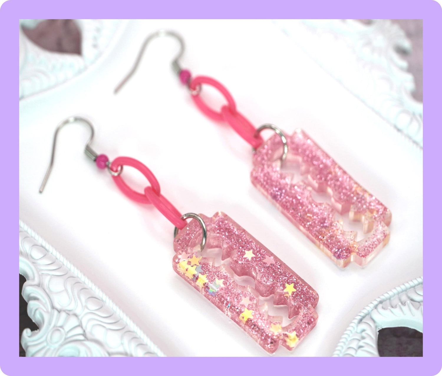 Pink Sparkly Razorblade Earrings with Acrylic Pink Chains and Pink Accented Stainless Steel Earring Hooks, YamiKawaii/Menehara Kei Fashion - Dekowaii Jewelry Company