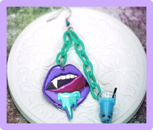 Purple Vampire Mouth Earrings with Boba Tea and Teal Chain, Pastel Goth Style, Harajuku Style earrings - Dekowaii Jewelry Company