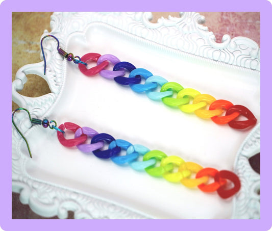 Rainbow Pride Earrings, LGBTQ Pride Acrylic Chain Dangle Earrings, Extra Long Drop Shoulder Duster Earrings, Pride Month Gift Ideas - Dekowaii Jewelry Company