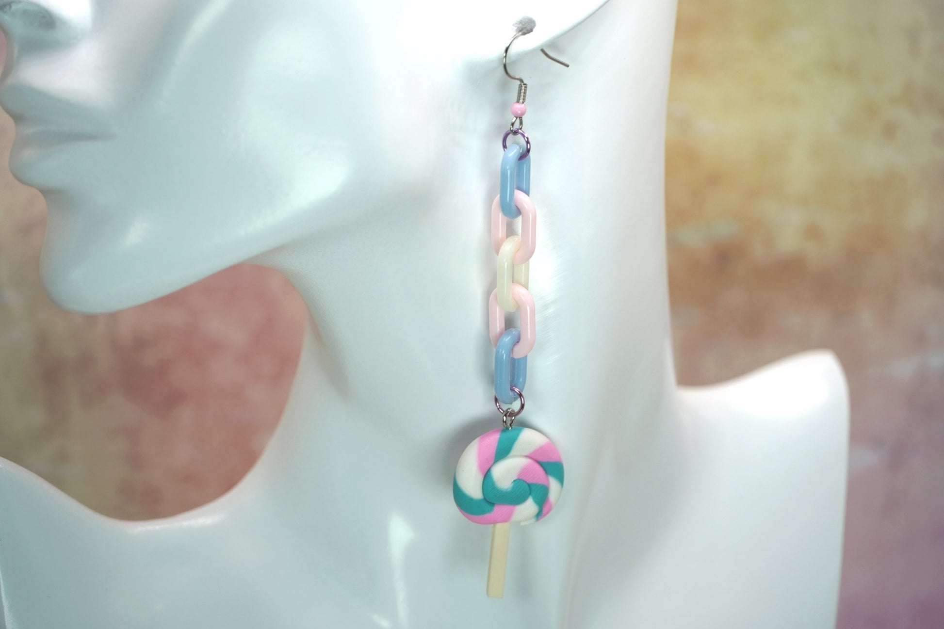 Trans Flag Colored Lollipop Earrings with Pastel Chains, Trans Pride Earrings, LGBTQ Pride Month - Dekowaii Jewelry Company