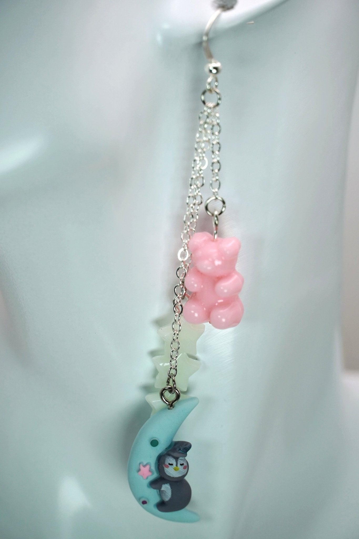 Trans Pride Earrings, Trans Flag Earrings with Sleeping Penguin Moon Charms, White Stars, and Pink Gummy Bears - Dekowaii Jewelry Company