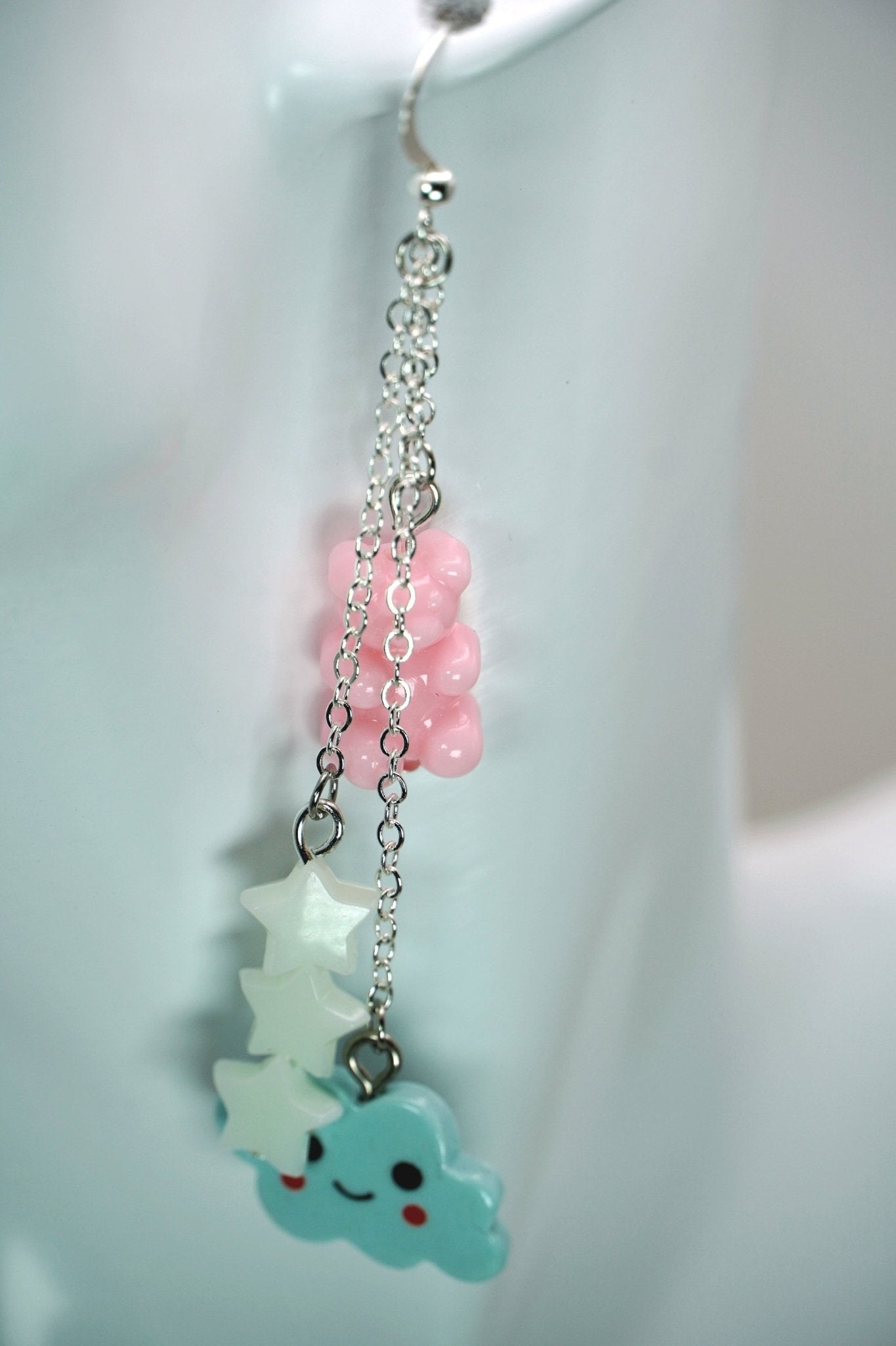 Trans Pride Pastel Cloud Earrings, Trans Flag Colored Earrings with Pink Gummy Bears, White Stars, and Blue Clouds, Pride 2024 - Dekowaii Jewelry Company