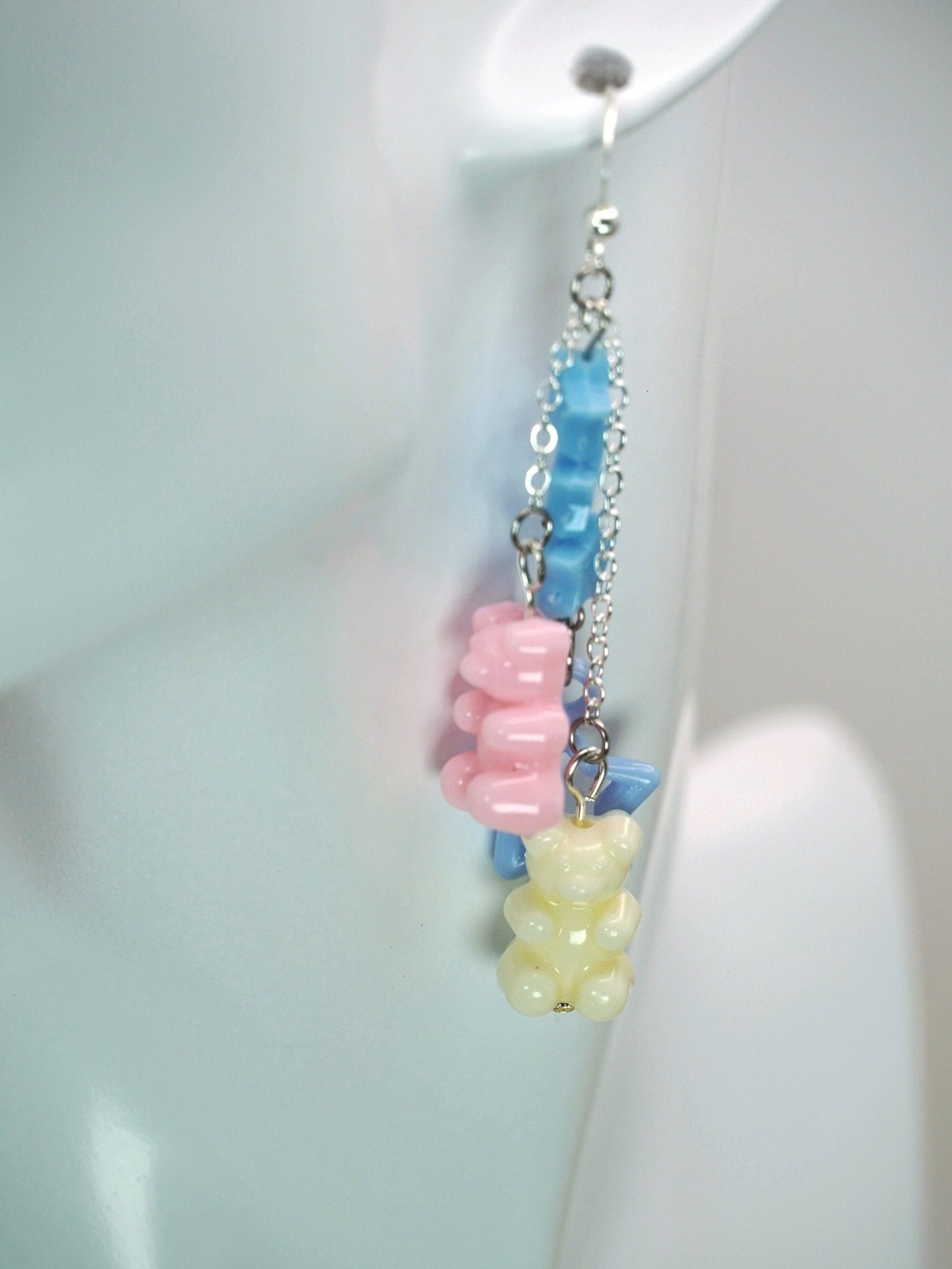 Trans Pride Pastel Gummy Bear Earrings, Trans Flag Colors, Pink and White Gummy Bears on Silver Chains, LGBT, Trans Pride Earrings - Dekowaii Jewelry Company
