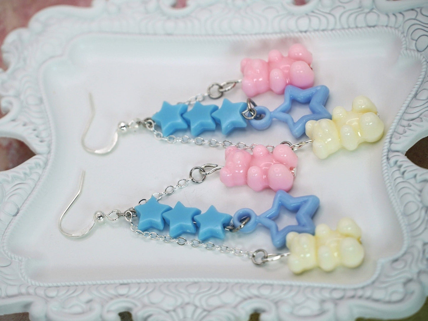 Trans Pride Pastel Gummy Bear Earrings, Trans Flag Colors, Pink and White Gummy Bears on Silver Chains, LGBT, Trans Pride Earrings - Dekowaii Jewelry Company