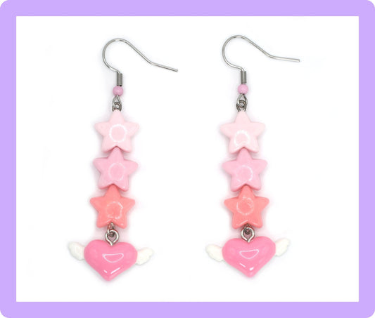 Winged Heart Earrings with Pink Stars, Kawaii Harajuku Girlfriend Earrings - Dekowaii Jewelry Company