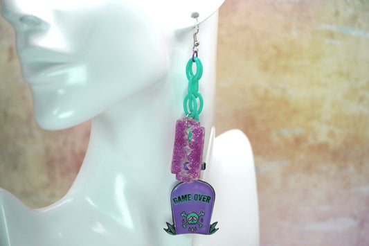 Game Over Tombstone Razorblade Earrings, Harajuku Pastel Goth Style - Dekowaii Jewelry Company