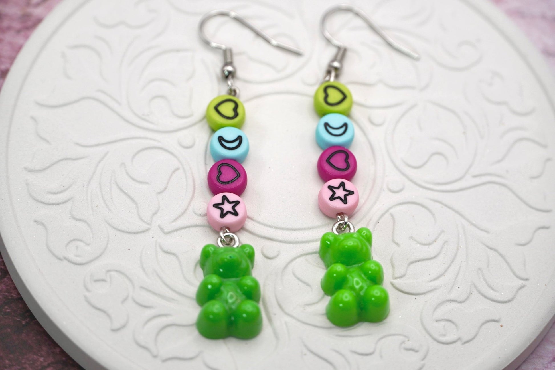 Green Gummy Bear Earrings with Celestial Beads and Mystery Blind Bag Pair of Earrings - Dekowaii Jewelry Company