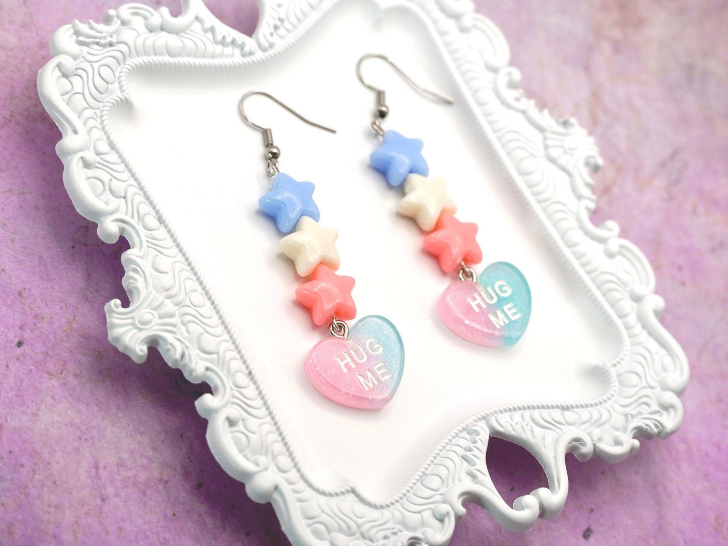 Hug Me Heart Earrings, Trans Pride Earrings, Trans Flag Colored Earrings with Star Beads - Dekowaii Jewelry Company