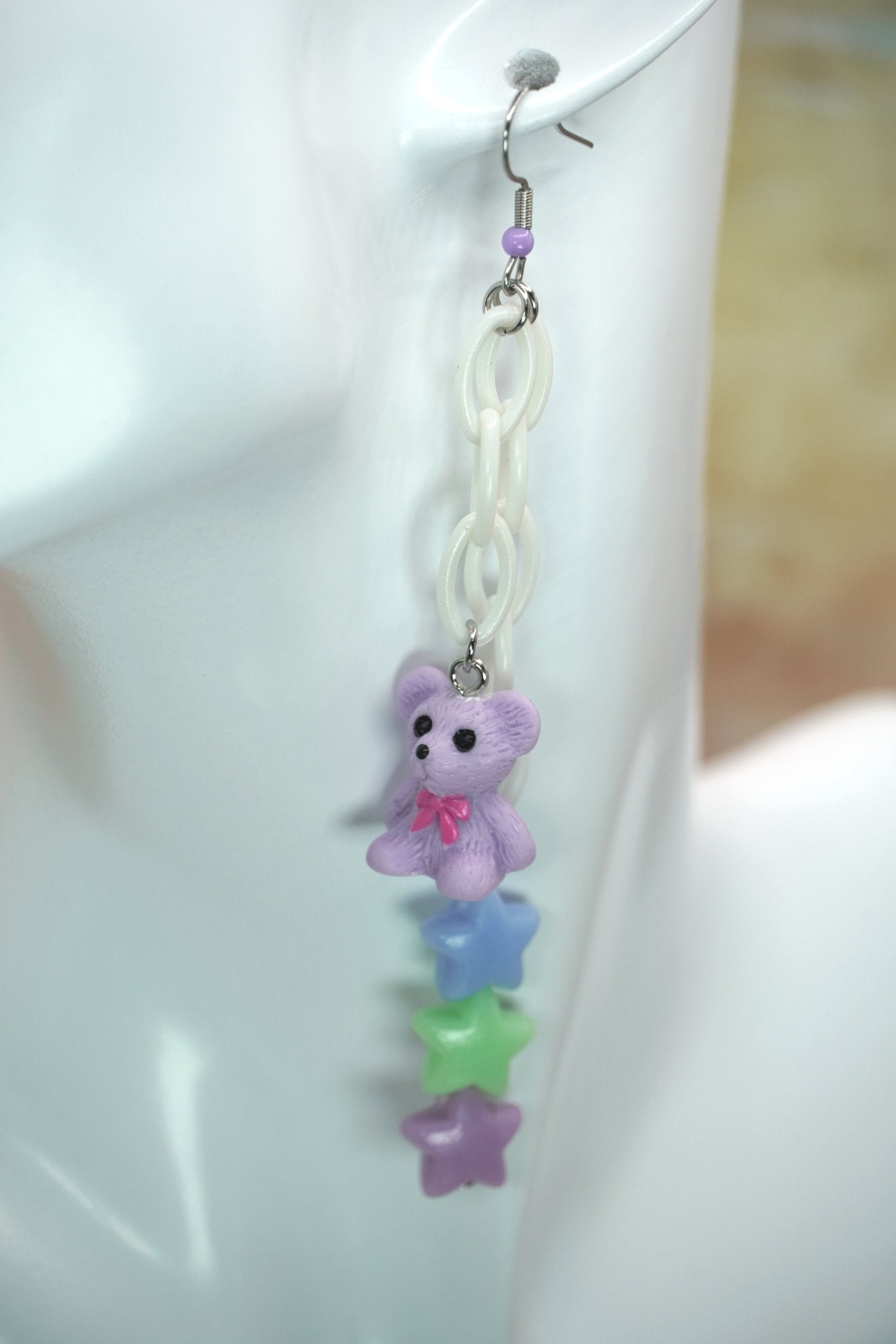 Pastel Goth Kawaii Bear Earrings, Pastel Bear Earrings with Pastel Stars, Japanese Harajuku Fashion - Dekowaii Jewelry Company