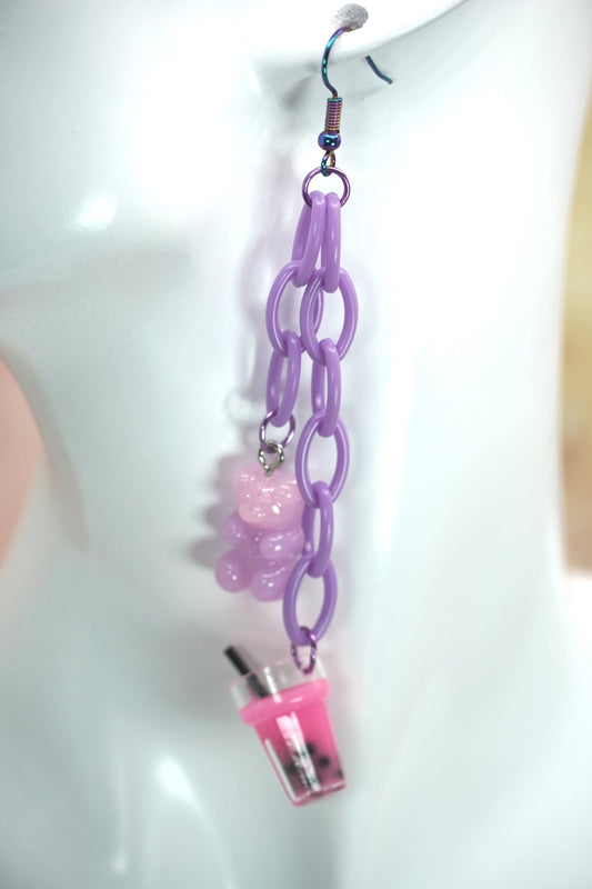 Pink Boba Tea and Gummy Bear Earrings, Harajuku Style Cute Dangle Earrings, Kpop Fashion Earrings, Girlfriend Gift Idea - Dekowaii Jewelry Company