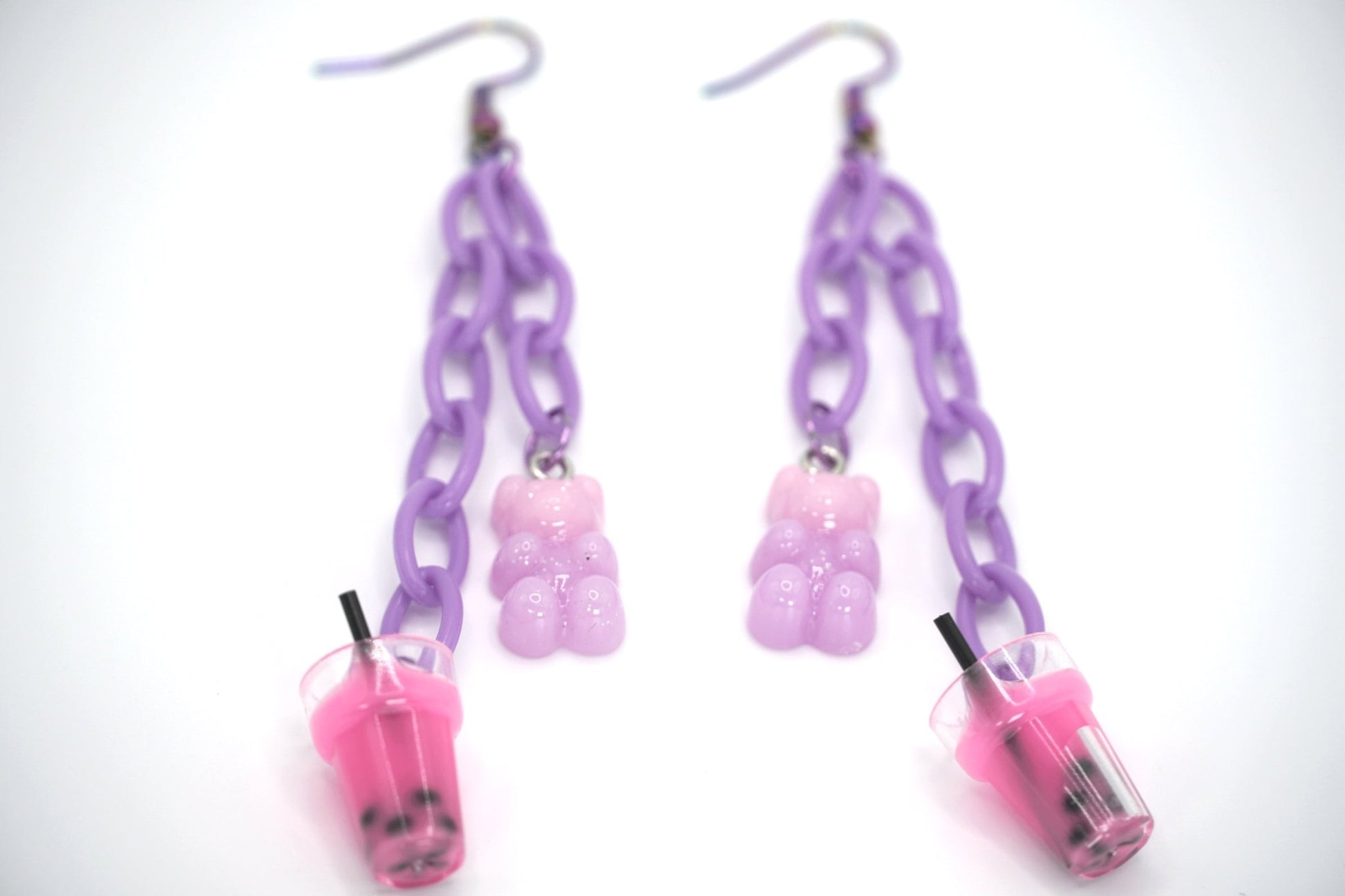 Pink Boba Tea and Gummy Bear Earrings, Harajuku Style Cute Dangle Earrings, Kpop Fashion Earrings, Girlfriend Gift Idea - Dekowaii Jewelry Company