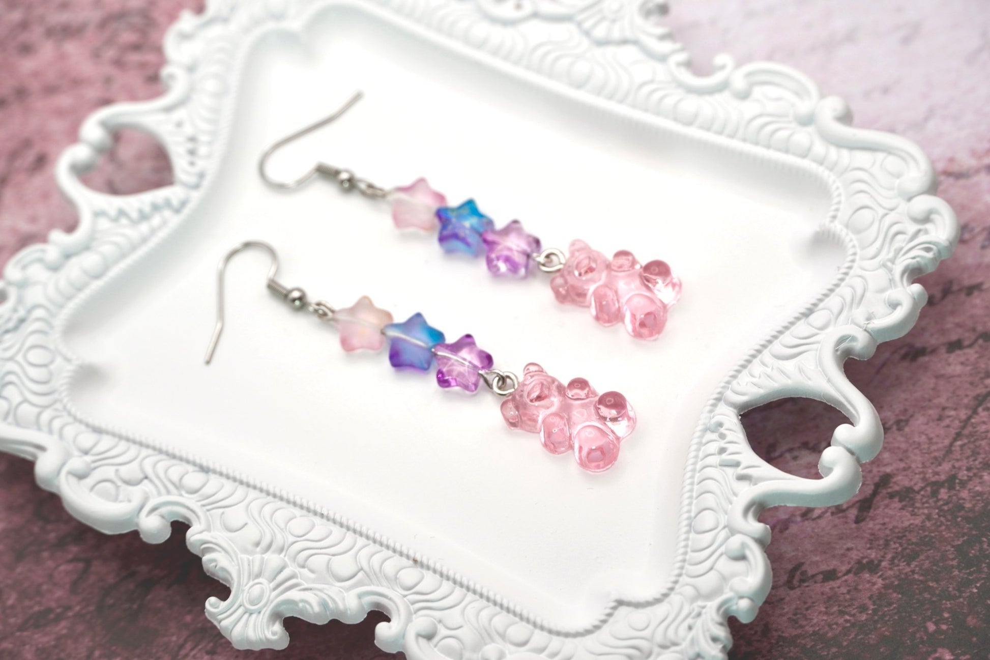 Pink Gummy Bear Earrings, Czech Glass Beads, Kawaii Candy Earrings - Dekowaii Jewelry Company