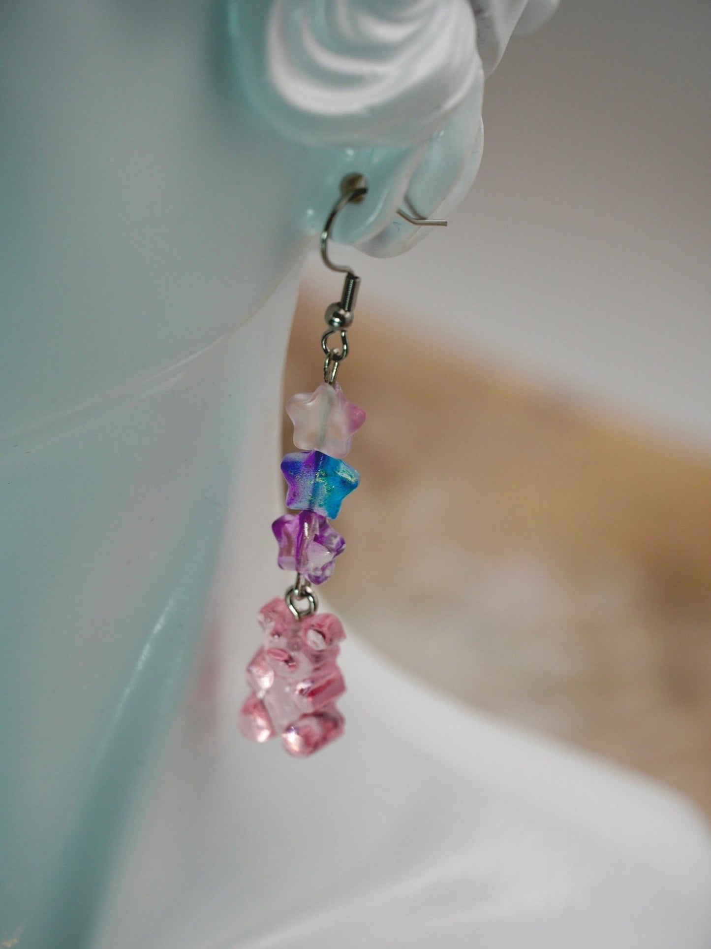 Pink Gummy Bear Earrings with Czech Glass Beads, Elegant Spring Fashion Earrings - Dekowaii Jewelry Company