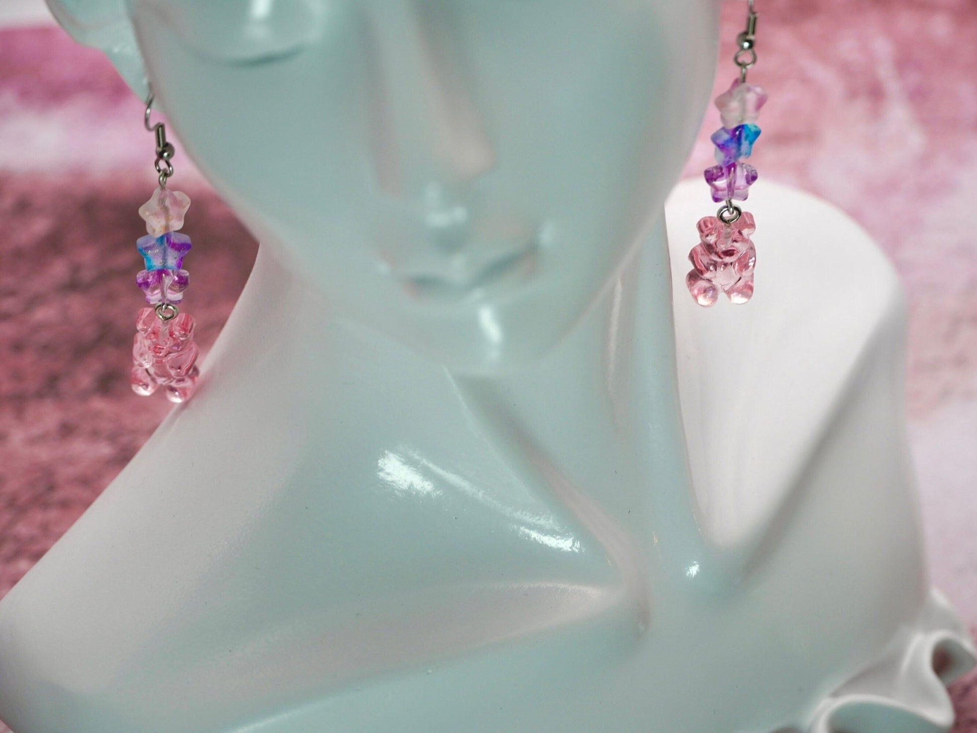 Pink Gummy Bear Earrings with Czech Glass Beads, Elegant Spring Fashion Earrings - Dekowaii Jewelry Company
