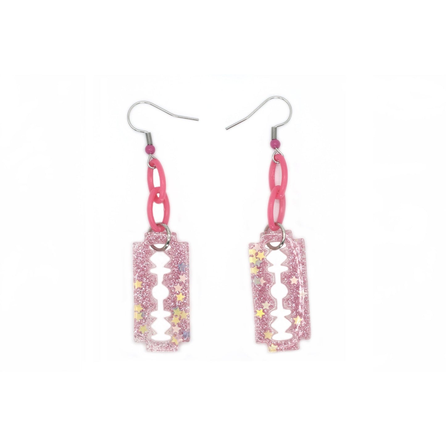 Pink Sparkly Razorblade Earrings with Acrylic Pink Chains and Pink Accented Stainless Steel Earring Hooks, YamiKawaii/Menehara Kei Fashion - Dekowaii Jewelry Company