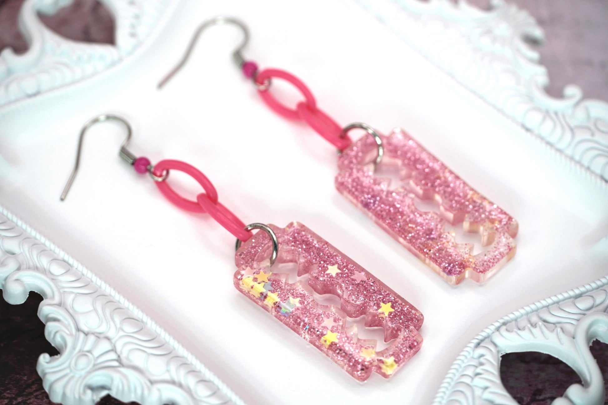 Pink Sparkly Razorblade Earrings with Acrylic Pink Chains and Pink Accented Stainless Steel Earring Hooks, YamiKawaii/Menehara Kei Fashion - Dekowaii Jewelry Company