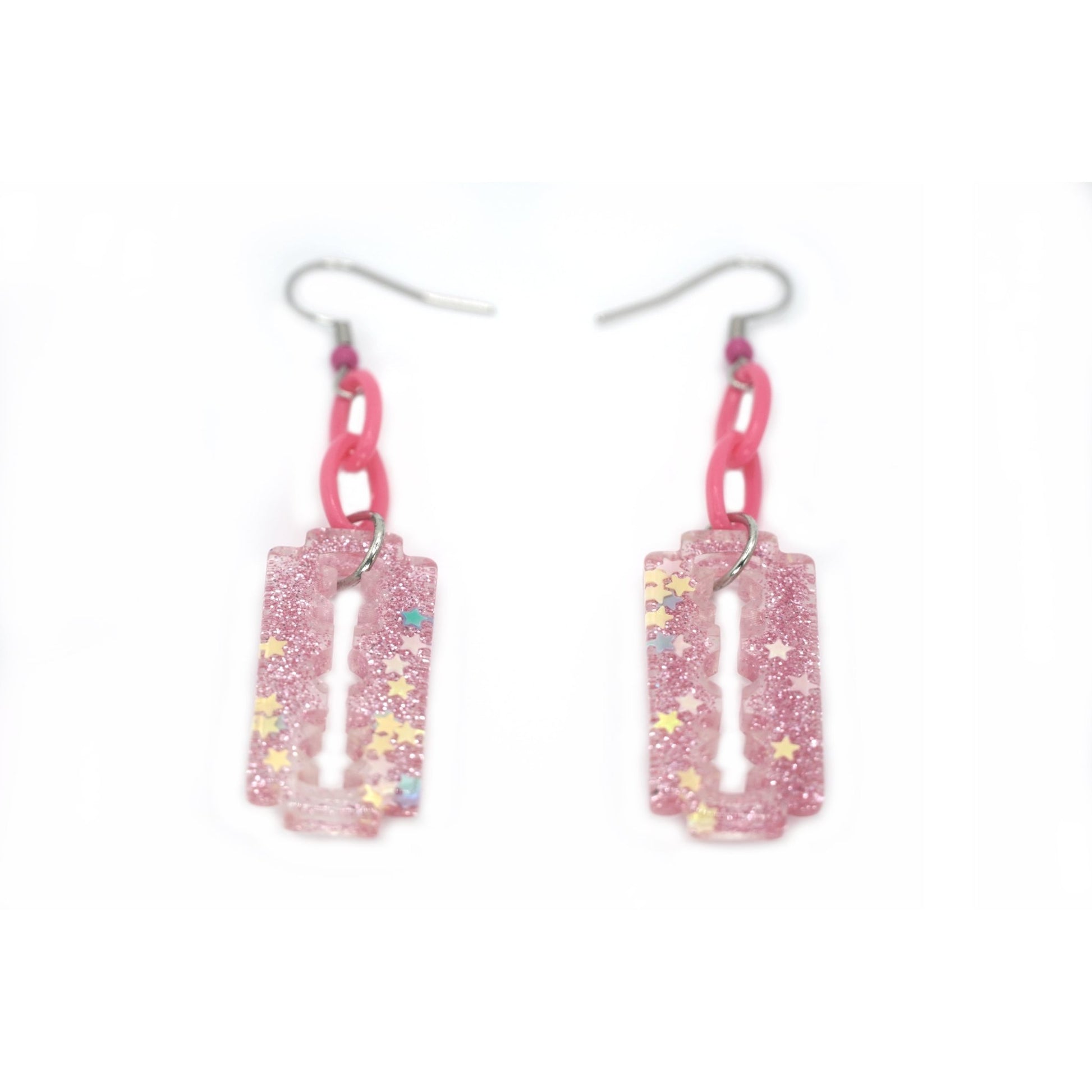 Pink Sparkly Razorblade Earrings with Acrylic Pink Chains and Pink Accented Stainless Steel Earring Hooks, YamiKawaii/Menehara Kei Fashion - Dekowaii Jewelry Company