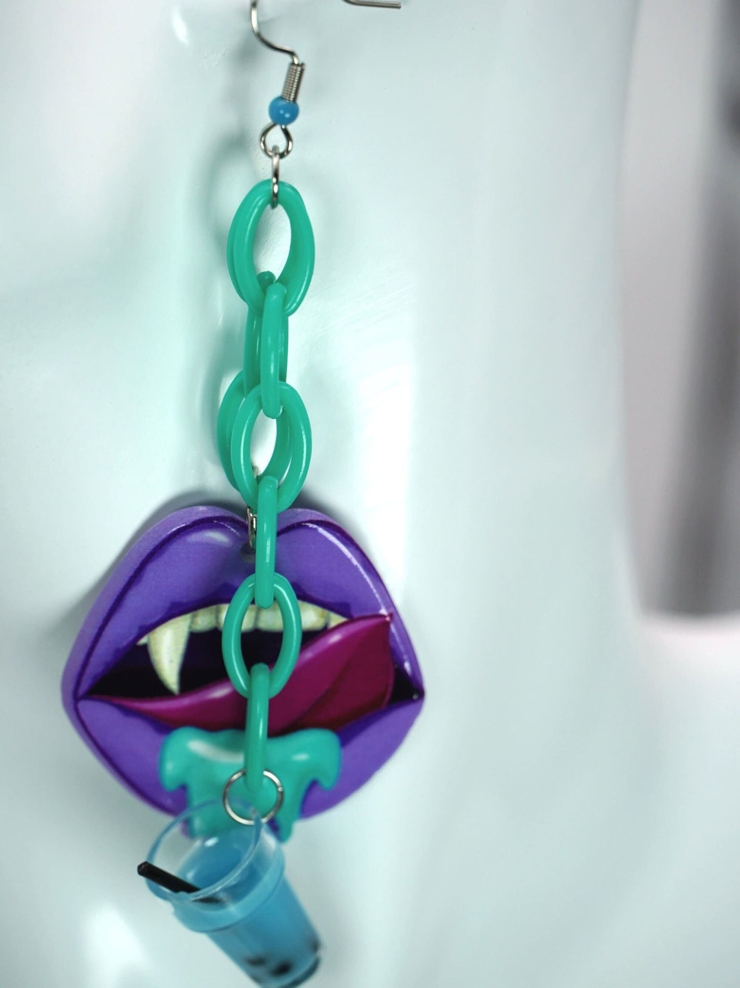 Purple Vampire Mouth Earrings with Boba Tea and Teal Chain, Pastel Goth Style, Harajuku Style earrings - Dekowaii Jewelry Company
