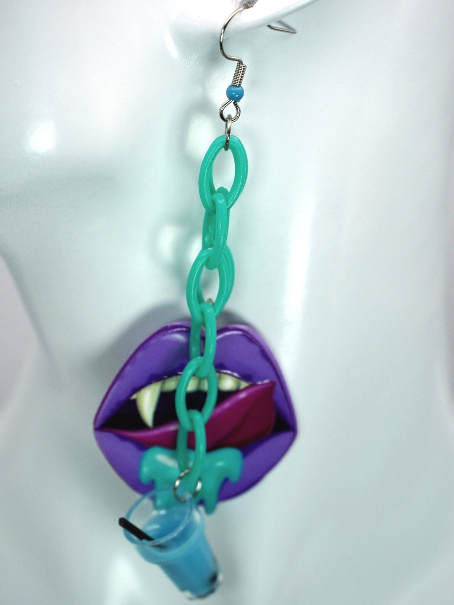 Purple Vampire Mouth Earrings with Boba Tea and Teal Chain, Pastel Goth Style, Harajuku Style earrings - Dekowaii Jewelry Company