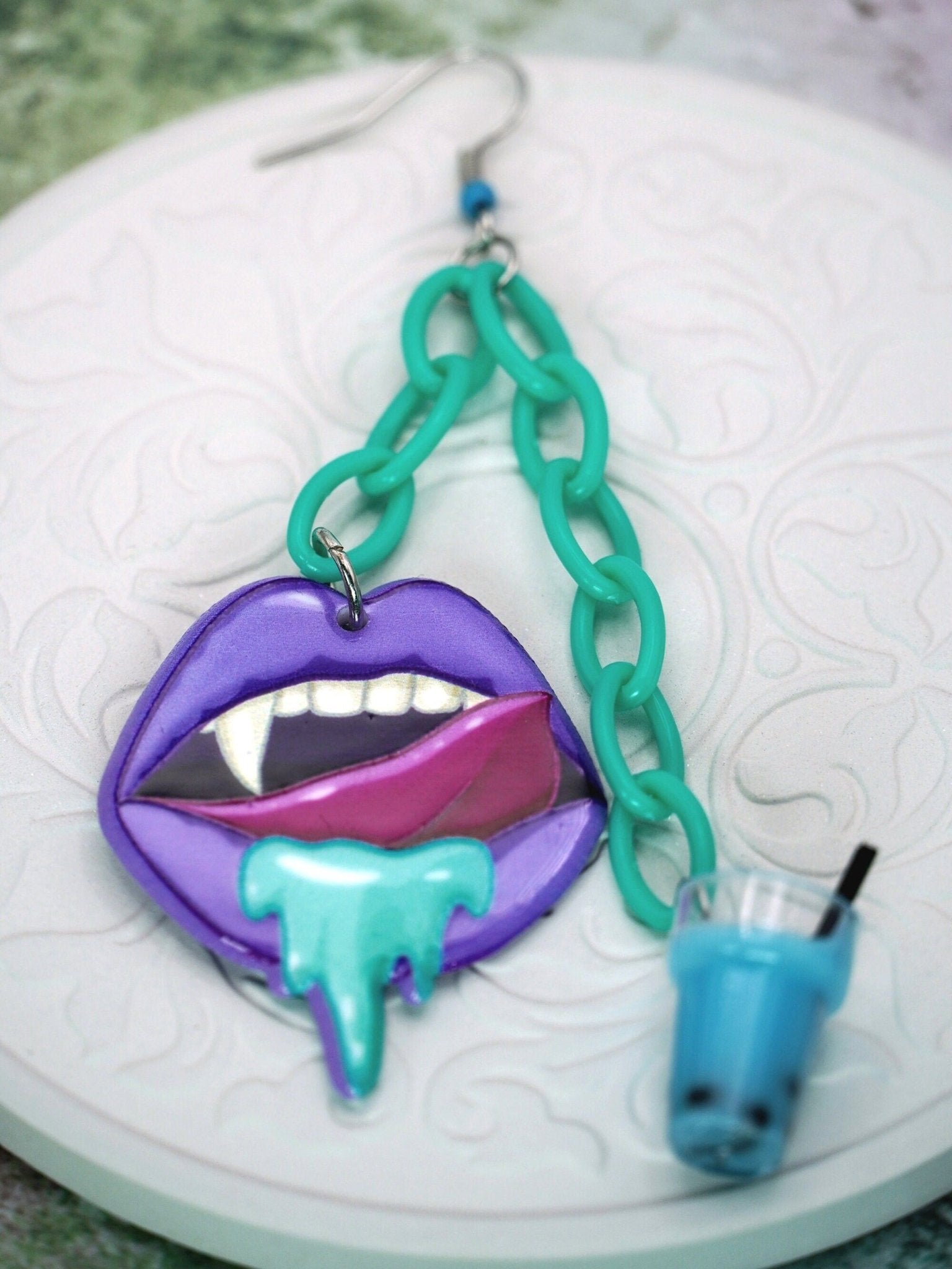 Purple Vampire Mouth Earrings with Boba Tea and Teal Chain, Pastel Goth Style, Harajuku Style earrings - Dekowaii Jewelry Company