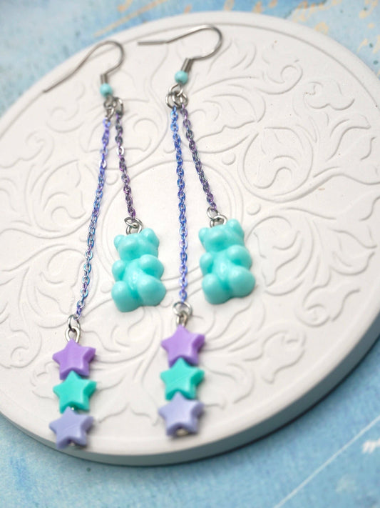 Teal Gummy Bear Earrings with Pastel Stars and Rainbow Chain, Spring Fashion, Girlfriend Gift - Dekowaii Jewelry Company