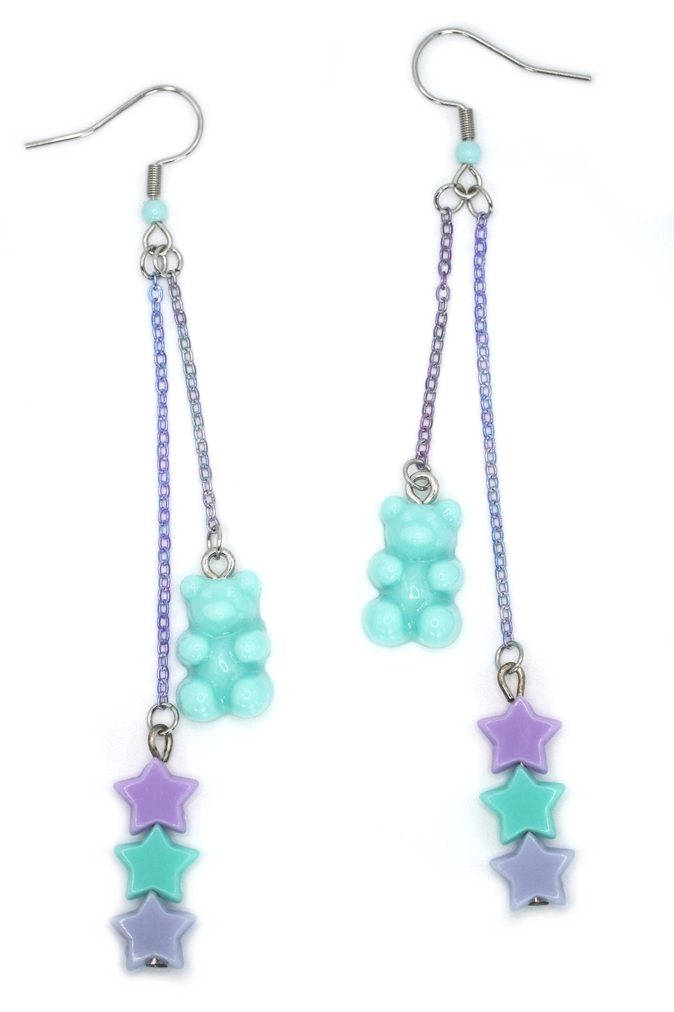 Teal Gummy Bear Earrings with Pastel Stars and Rainbow Chain, Spring Fashion, Girlfriend Gift - Dekowaii Jewelry Company