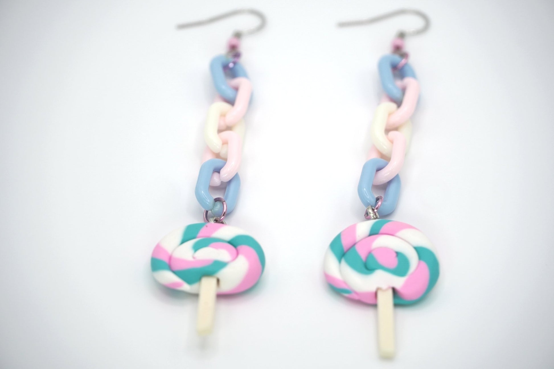 Trans Flag Colored Lollipop Earrings with Pastel Chains, Trans Pride Earrings, LGBTQ Pride Month - Dekowaii Jewelry Company