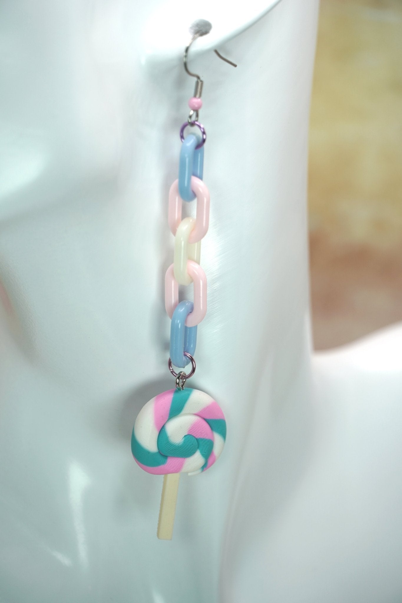 Trans Flag Colored Lollipop Earrings with Pastel Chains, Trans Pride Earrings, LGBTQ Pride Month - Dekowaii Jewelry Company