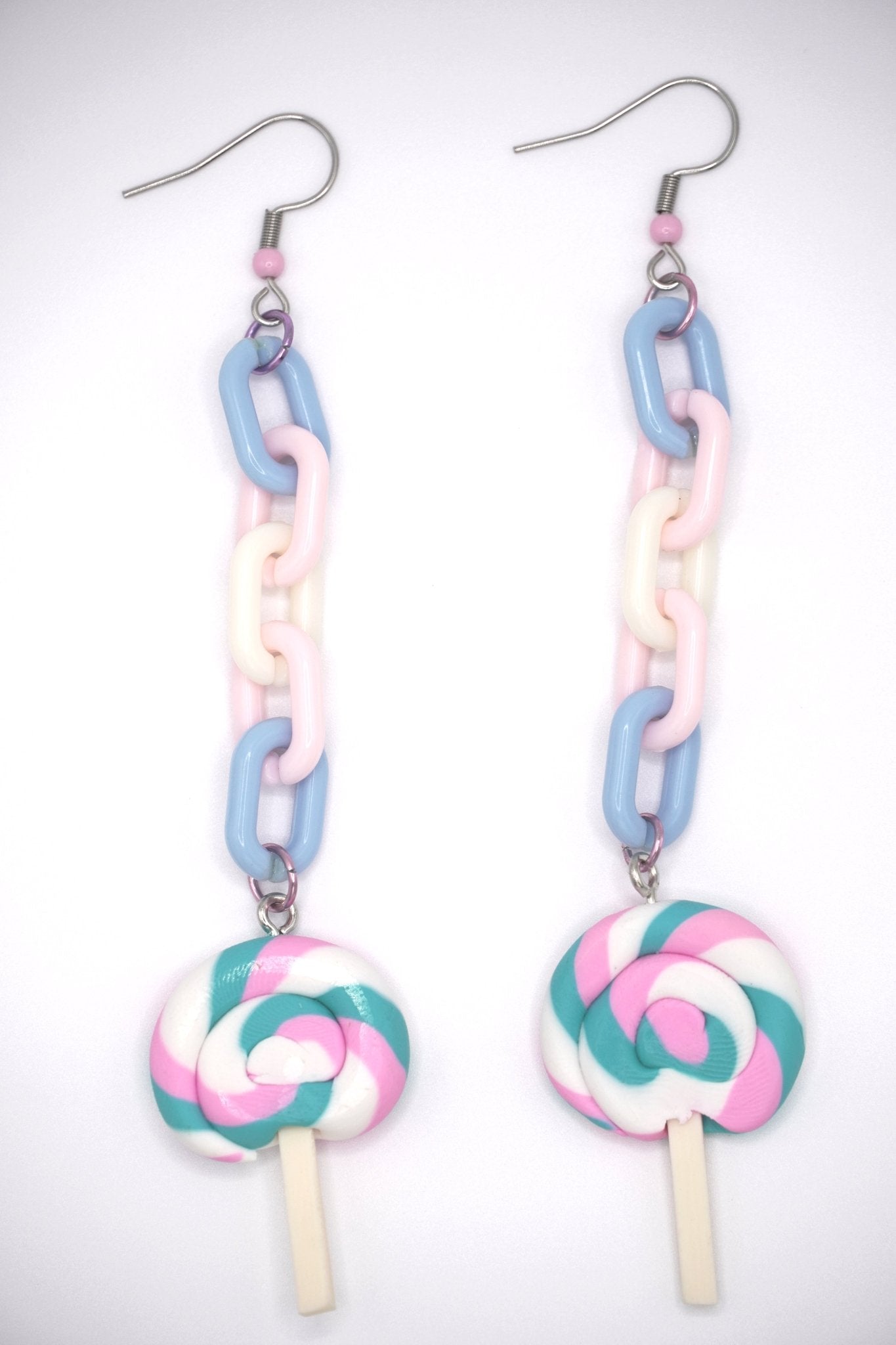 Trans Flag Colored Lollipop Earrings with Pastel Chains, Trans Pride Earrings, LGBTQ Pride Month - Dekowaii Jewelry Company