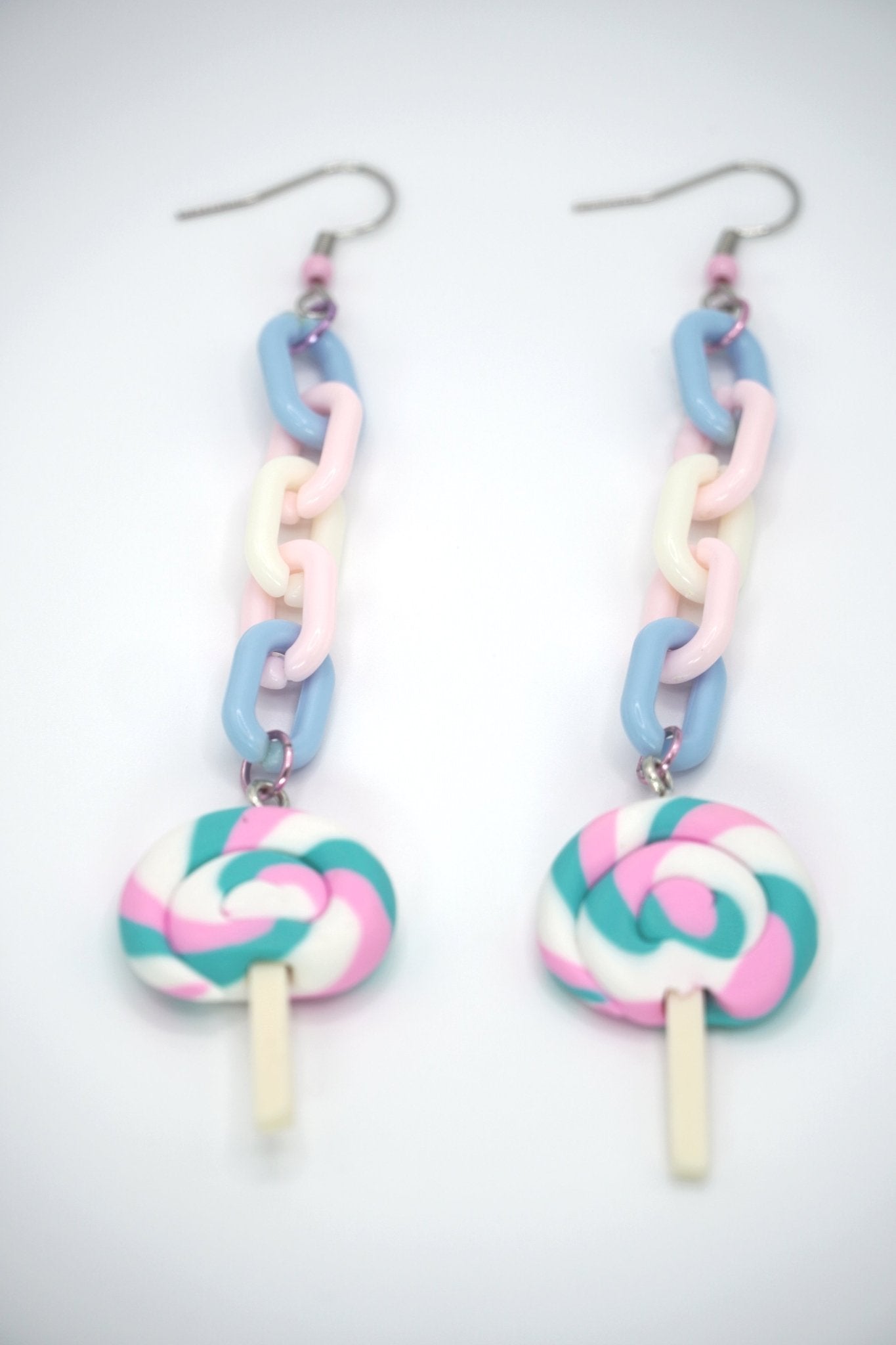 Trans Flag Colored Lollipop Earrings with Pastel Chains, Trans Pride Earrings, LGBTQ Pride Month - Dekowaii Jewelry Company