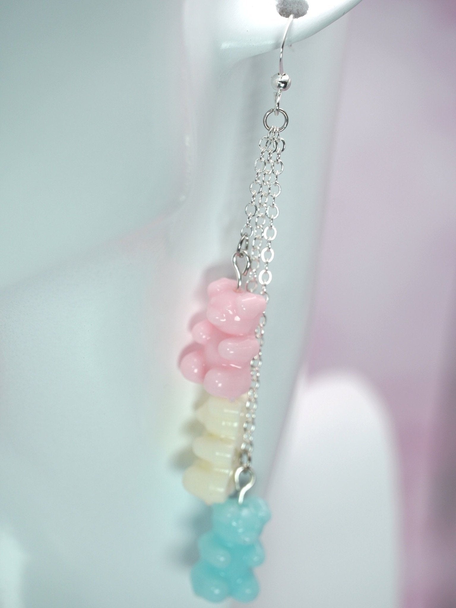 Trans Pride Gummy Bear Earrings, Pink, White and Baby Blue Gummy Bears suspended on silver chains. Perfect for Pride Month 2024. - Dekowaii Jewelry Company