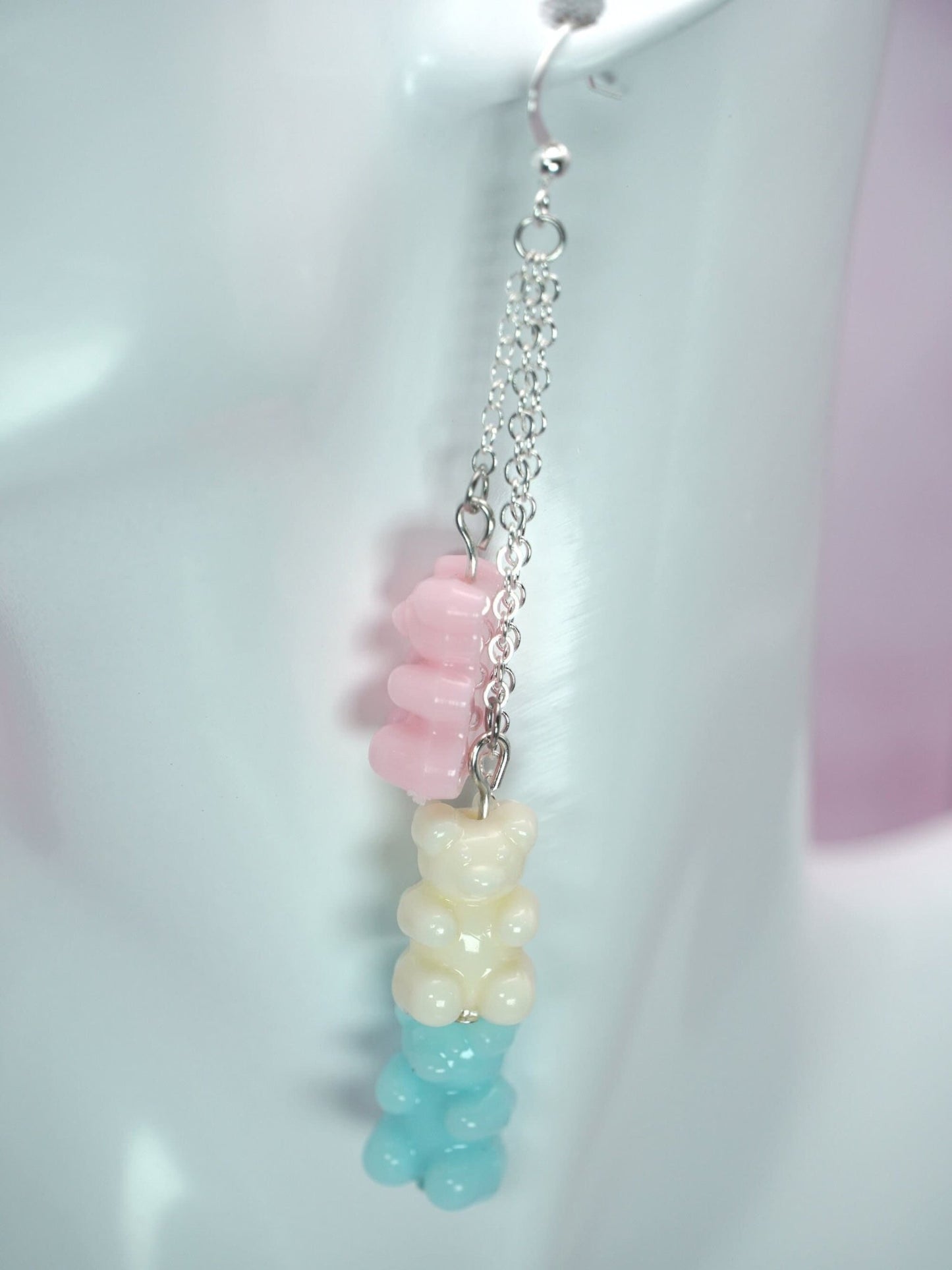 Trans Pride Gummy Bear Earrings, Pink, White and Baby Blue Gummy Bears suspended on silver chains. Perfect for Pride Month 2024. - Dekowaii Jewelry Company