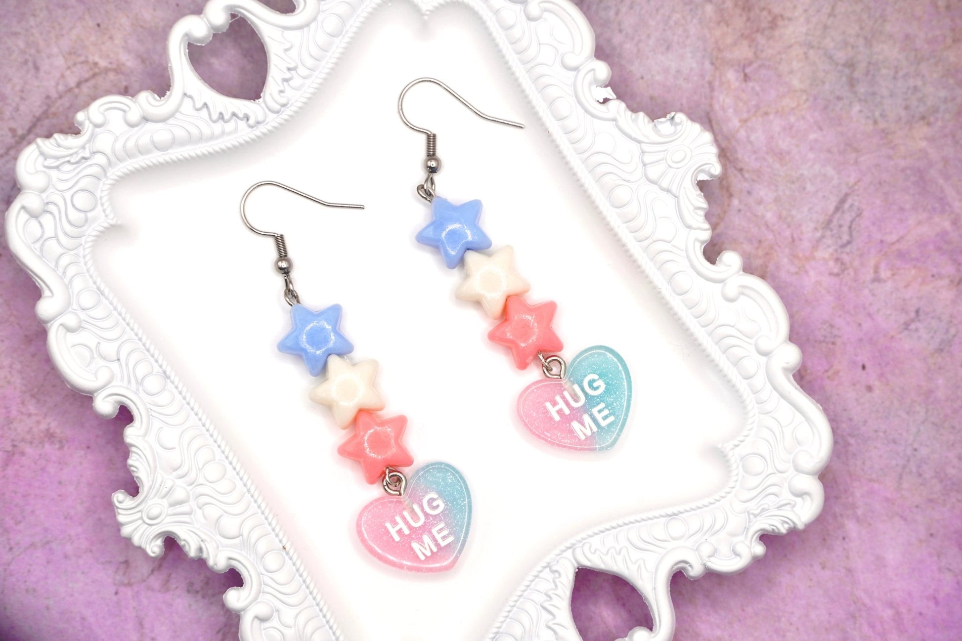 Trans Pride Hug Me Conversation Heart Earrings, LGBTQ Pride Month - Dekowaii Jewelry Company