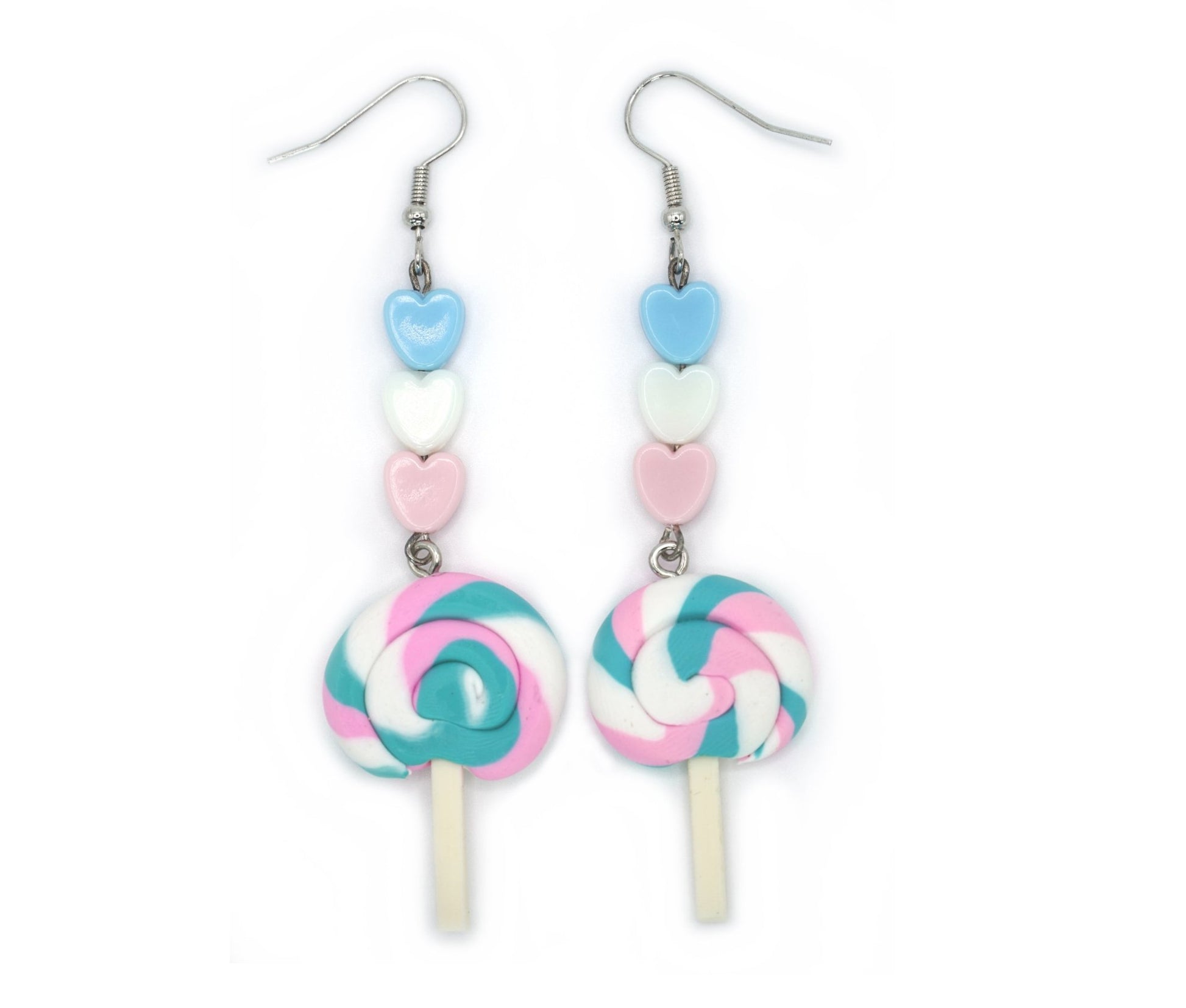 Trans Pride Lollipop Earrings with Pastel Hearts, LGBTQ Pride Month - Dekowaii Jewelry Company