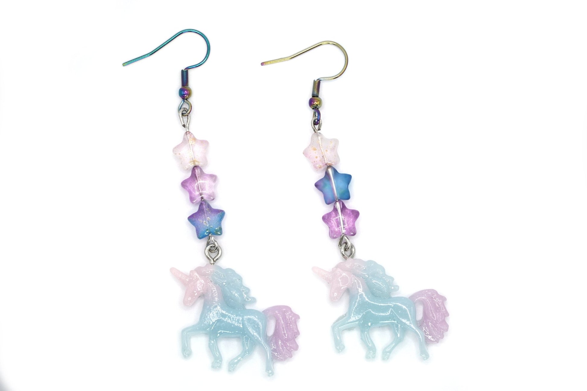 Unicorn Rainbow Earrings with Czech Glass Sunset Beads and Anodized Rainbow Hooks, Lightweight Fairycore Drop Earrings - Dekowaii Jewelry Company