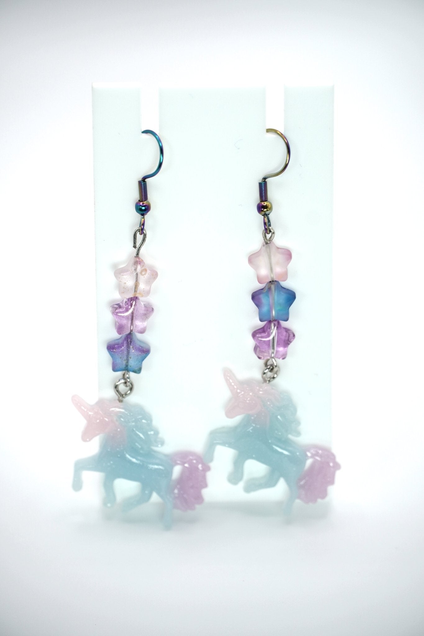 Unicorn Rainbow Earrings with Czech Glass Sunset Beads and Anodized Rainbow Hooks, Lightweight Fairycore Drop Earrings - Dekowaii Jewelry Company