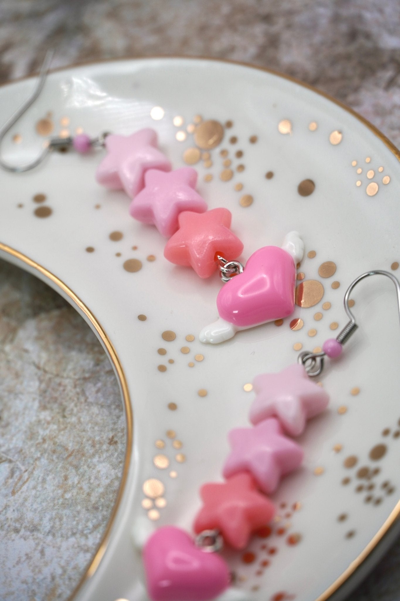 Winged Heart Earrings with Pink Stars, Kawaii Harajuku Girlfriend Earrings - Dekowaii Jewelry Company