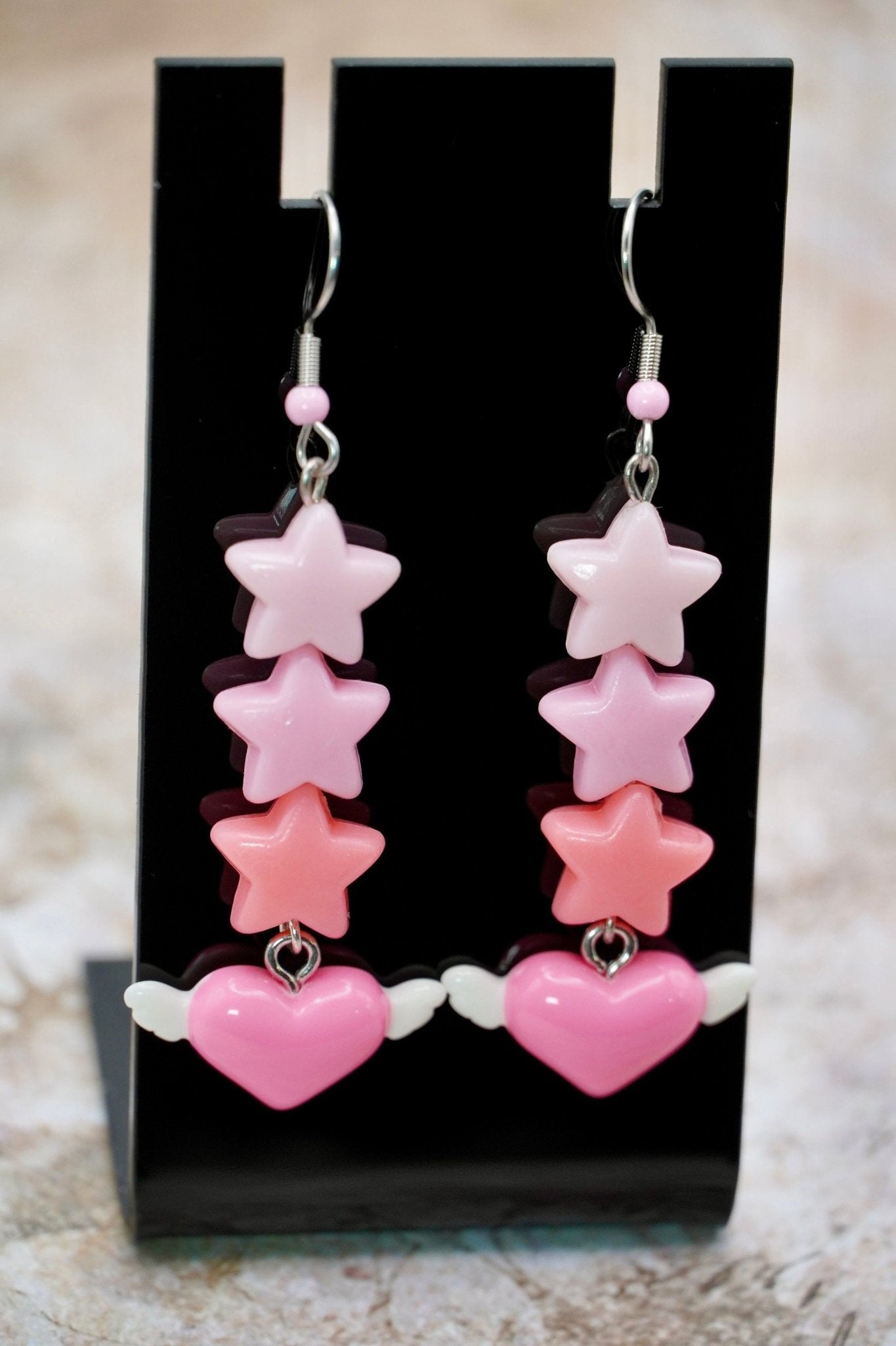 Winged Heart Earrings with Pink Stars, Kawaii Harajuku Girlfriend Earrings - Dekowaii Jewelry Company